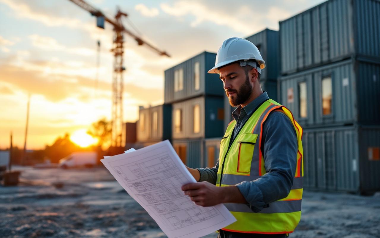 Architecte avec casque et gilet de sécurité examinant des plans d'une maison modulaire en conteneurs sur un chantier, conteneurs empilés et grue en arrière-plan, lumière chaude de coucher de soleil