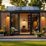 Conteneur maritime transformé en bureau de jardin moderne, bardage bois et grande baie vitrée laissant voir un bureau avec ordinateur portable et plantes. Pelouse verte, chemin de gravier et panneaux solaires sur le toit au coucher de soleil.