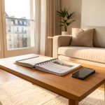 Appartement lumineux à Villeurbanne : dossier immobilier sur une table en bois, intérieur moderne avec grandes fenêtres et lumière naturelle urbaine soignée.
