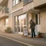 Façade d’un immeuble résidentiel à Villeurbanne, ambiance urbaine lumineuse au crépuscule, propriétaire préparant la mise en location près de l’entrée.