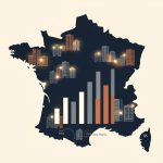 Carte stylisée de la France présentant des villes représentées par des points lumineux, des immeubles abstraits, des graphiques de prix et des indicateurs visuels de tension locative, dans un style éditorial sobre.