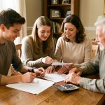 Jeune couple examinant avec ses parents des documents de financement immobilier et une calculatrice autour d’une table.