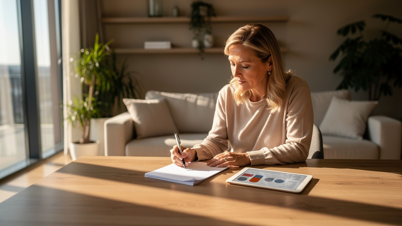 Propriétaire consultant des documents financiers vierges et une tablette aux données abstraites dans un logement meublé contemporain baigné de lumière naturelle.