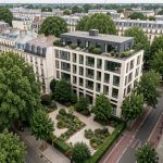 Vue aérienne réaliste d’un quartier urbain français dense, avec un ancien immeuble de bureaux rénové en logements, des arbres, des cours végétalisées et des sols perméables éclairés par la lumière naturelle.