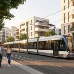 Vue urbaine réaliste de Villeurbanne avec des immeubles résidentiels, un tramway, un homme et une femme à pied, sous une lumière douce de fin de journée.