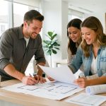Un homme et une femme consultent des plans d’architecte et des documents de financement sur une table dans un bureau de vente lumineux.