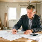 Un homme consultant des plans vierges et organisant un budget dans un appartement lumineux en rénovation.
